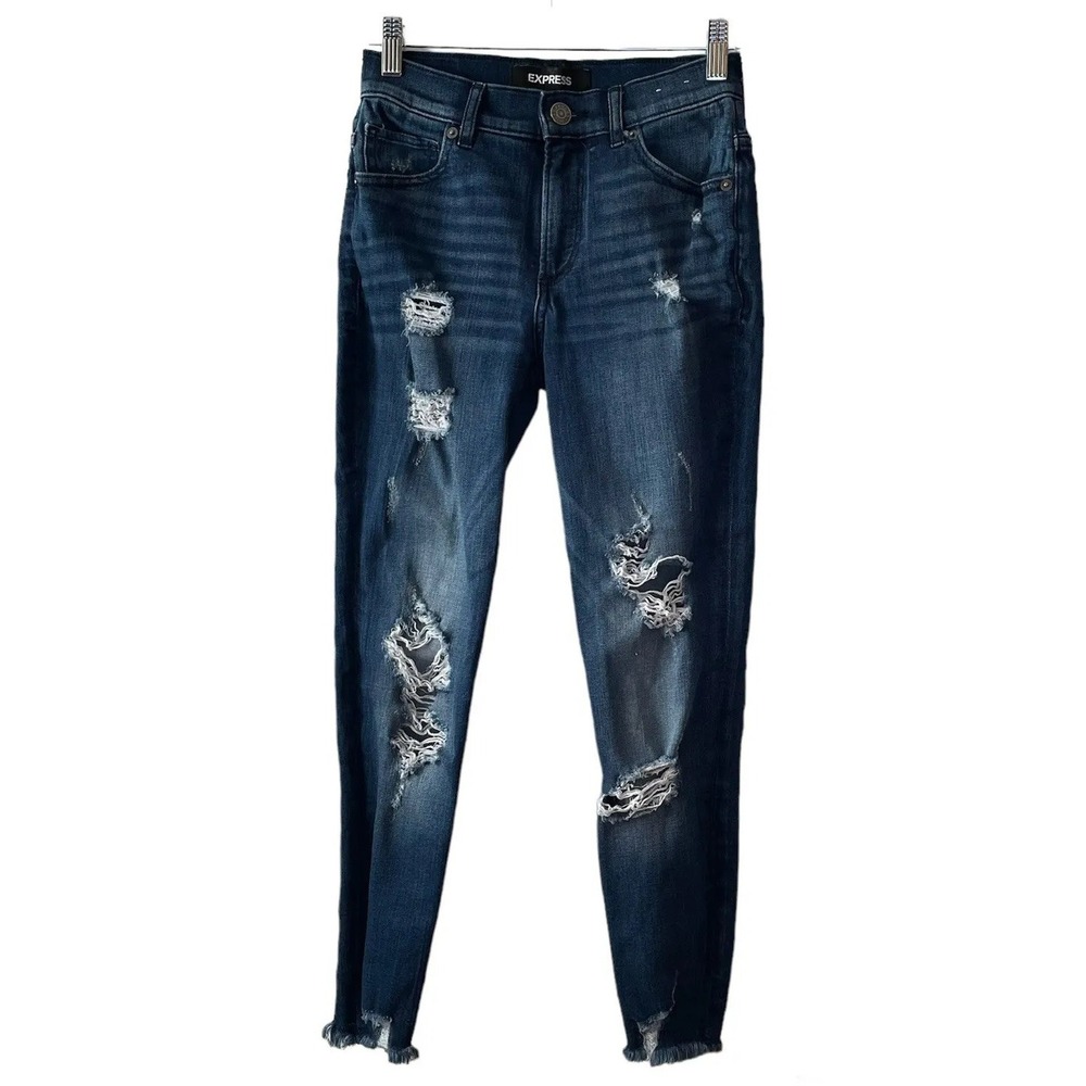 Express Skinny High Rise Ankle Denim Perfect Stretch Distressed Jeans Size 0P‎